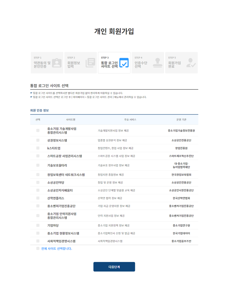 개인 회원가입 통합 로그인 사이트 선택창 캡쳐화면