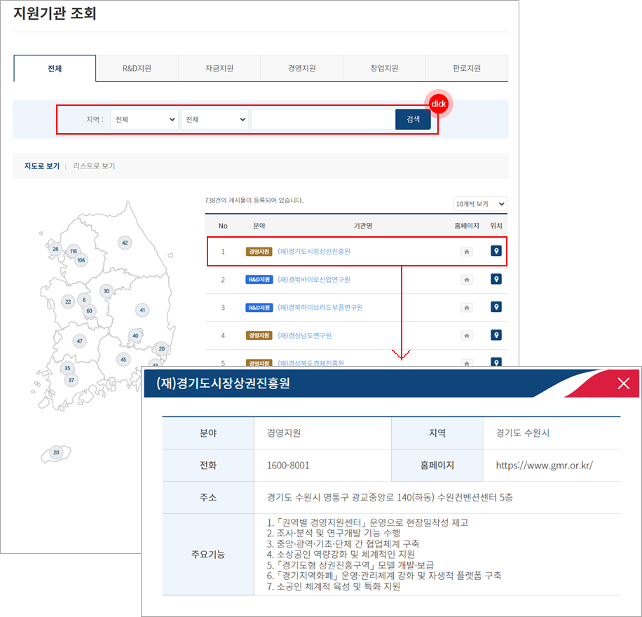 지원기관 조회에서 기관명 검색 버튼 선택 영역 표시, 검색 결과 기관명 선택 영역 표시, 기관에 대한 상세정보 선택 영역 표시